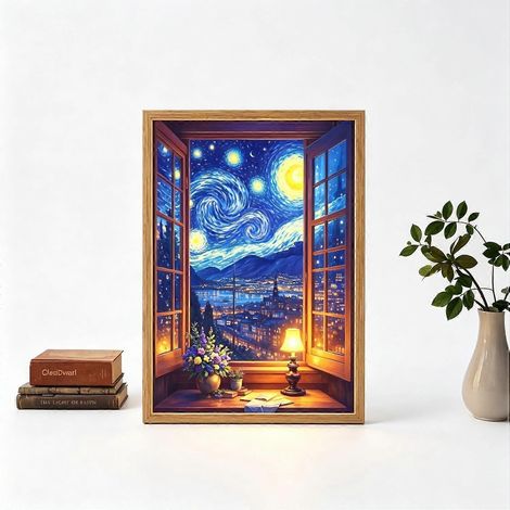 22 x 16 x 4,5 cmDTableau lumineux dynamique encadré en bois, 20 cm, veilleuse LED 3 couleurs à branchement USB, effet flamme simulée, idéal pour décorer une table de chambre. (1/5)