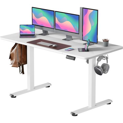 Bureau électrique réglable en hauteur 160 x 60 cm avec contrôle à mémoire et technologie anti-collision, roulettes, planche d'épissage, cadre blanc/plateau de table blanc (1/5)