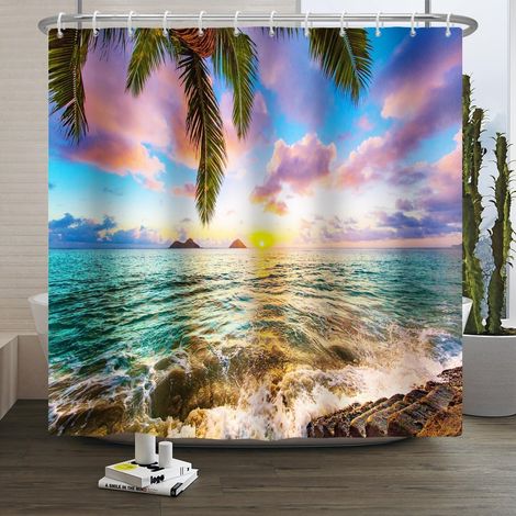 Rideau de Douche Plage d'été Sable Nuage de mer au Lever du Soleil Rideau de Douche imperméable Palmier Paysage de la Nature Tropicale Décoration de Salle de Bain avec Crochets 150x200cm (1/5)