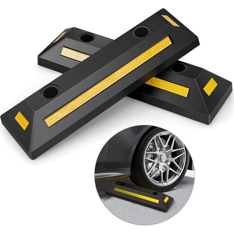 GOPLUS Lot de 2 Butées de Roue pour Stationnement De Véhicule, Caoutchouc Durable et Robuste, Bandes Réfléchissantes, Intérieur Extérieur, pour Pneus de Voiture, Camion, Camionnettes, pour Garage