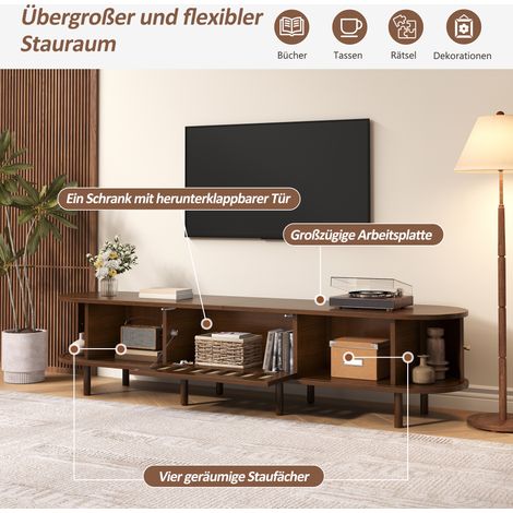 Meuble TV ovale en noyer foncé 180x40x40 cm, design rotin, panneaux MDF, charge 30 kg, meuble bas avec porte coulissante, armoire salon à abattant. (1/5)