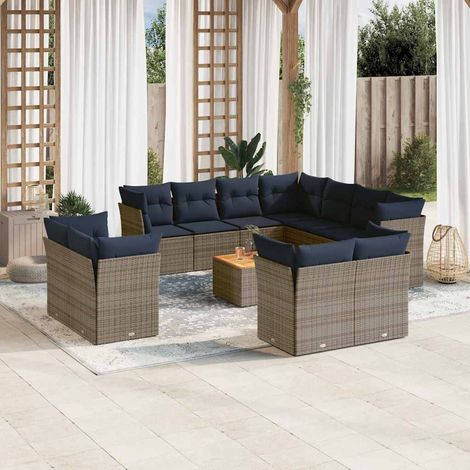Salon de jardin 12 pièces avec coussins bleu marine, résine tressée grise et table en acacia, 105kg - PANGIVO (1/5)