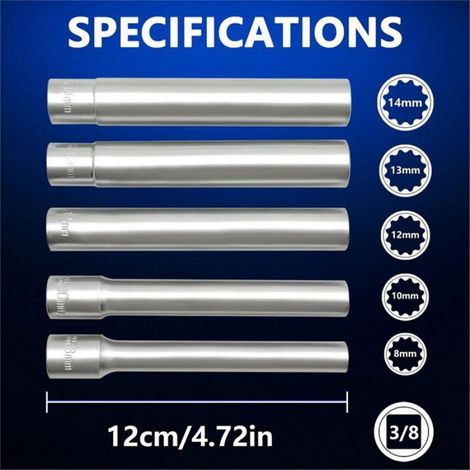 de 5 Douilles Métriques Profondes, Entraînement 3/8", Douilles à Paroi Mince, 12 Pans, 8-10-12-13-14 mm - Extra Longues et (1/5)