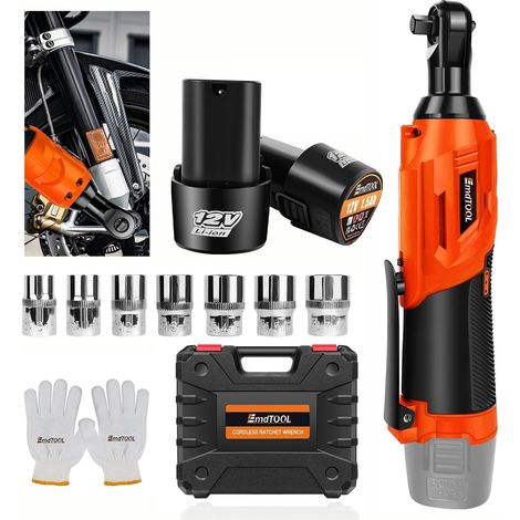 12V 3/8" Kit de Clé à Cliquet électrique Sans Fil, avec 2 Packs de Batterie Lithium-ion 1500 mAh et Chargeur rapide, 7 douilles, 300RPM, LED intégrée,Réparation de meubles pour changer les pneus (1/5)