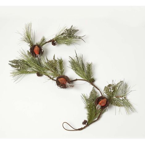 HOMESCAPES Festive Christmas Garland with Artificial Pine and Robins Nests 5ft - Green & Brown - Green & Brown (1/4)