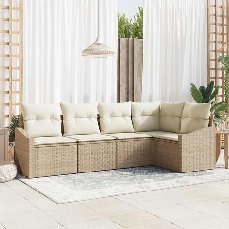 Gartensofa-set mit Kissen 5 pcs Beige und Weiß Poly-Rattan (1/5)