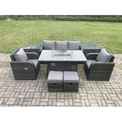 Fimous Polyrattan Gartenmöbel set Gas Feuerstelle Esstisch mit 2 Beistelltisch Sessel Fußhocker (1/5)