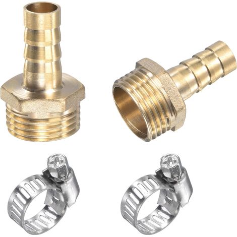 Straight Barbed Brass Hose Fitting 10mm x G1/2 Male Thread Pipe Connector with Stainless Steel Tube Clamp Pack of 2 (1/5)