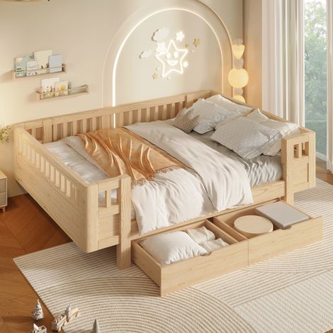Cama infantil 140x200 cm con barandilla de protección y 2 cajones grandes, madera - natural (1/5)
