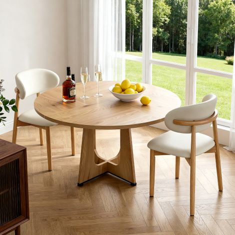 Ensemble table à manger ronde modulable (1 table + 2 chaises) plateau en MDF plaqué chêne chaises en chêne massif avec placage bois naturel idéal pour séjour et salle à manger (1/5)