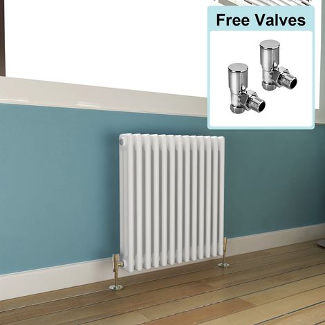 ELEGANT 600 x 599 mm Traditional Radiator Cast Iron Style Horizontal Radiator White Triple Horizontal Column Radiators + Angled Radiator Valves (1/5)