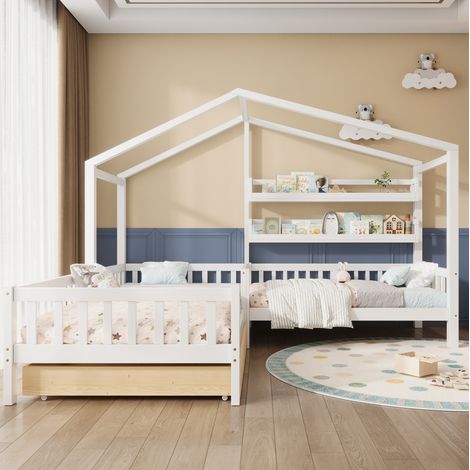 Letto bambino a casetta in legno bianco con cassetti, scaffali e barriera 90x200/140x70 cm OKMYHOME (1/5)