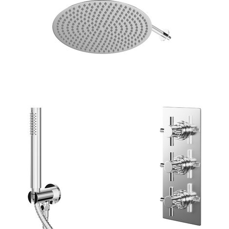 Cross Polished Chrome Concealed Triple Thermostatic Shower Valve and 400mm Round Head with 345mm Wall Arm and Outlet Holder with Kit - 2 Outlet (1/5)