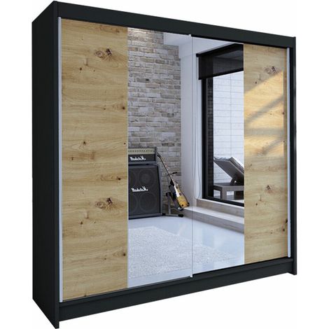 Armario Closico Cavaris II, Negro + Roble Artisan, 215x180x58cm, Puertas de armario: Correderas, Número de estantes: 5
