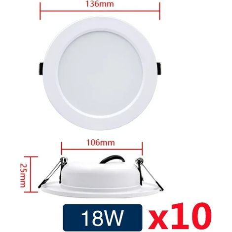 (18W-DC24V) Lot de 10 spots LED encastrés ronds, corps blanc, éclairage intérieur pour chambre à coucher. (1/5)