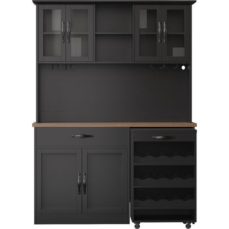 Buffet haut avec chariot roulant, armoire de cuisine 140 cm avec éclairage LED, rangement pour cave à vin et verres (1/5)