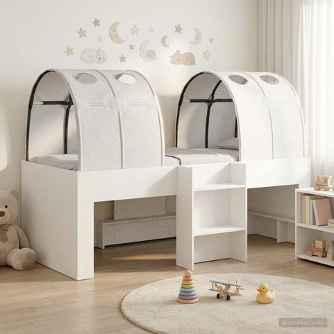 Lit haut enfant 3 pièces avec 2 tunnels, bois d’ingénierie blanc, 193 x 96 x 68,5 cm - PANGIVO (1/5)