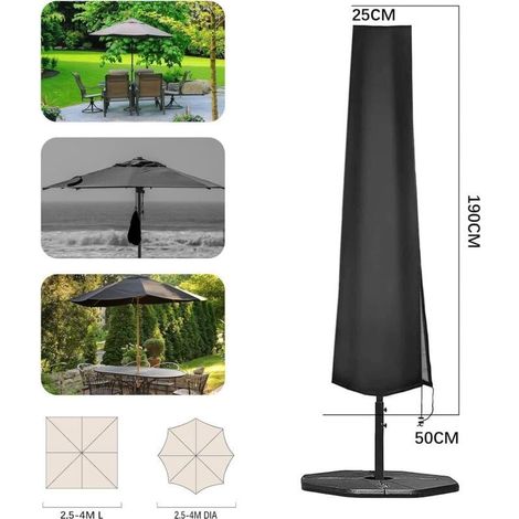 Housse de parasol 190x25x50 cm Capuchon pour Parasol de Jardin Ø 300 cm / 200x300 cm. imperméable et résistante aux déchirures tissu Oxford avec revêtement en PVC avec fermeture éclair. Noir (1/4)