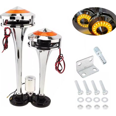 Двойна Тромба клаксон с жълта LED светлина, 300 dB – 12V / 24V