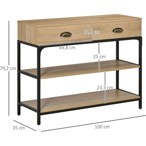 Konsolentisch mit 2 Schubladen und 2 Ablagefächern, Stahlgestell, 100 x 35 x 79,2 cm, Eiche