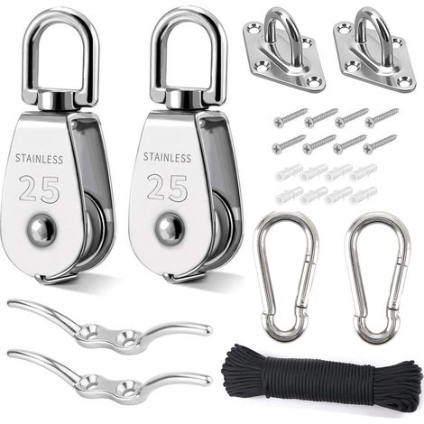 Polea de elevación de acero inoxidable M25 - Gancho giratorio para elevación - Rueda de remolque - Cuerda de nailon - Mosquetón - Placa de ojo - Capacidad de carga 150 kg (1/4)