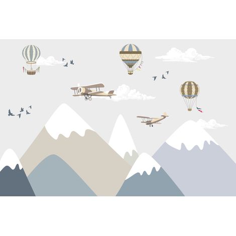 Papel pintado infantil con fotos de aviones y globos sobre picos de montañas y nubes DWK005 200x135 (1/5)