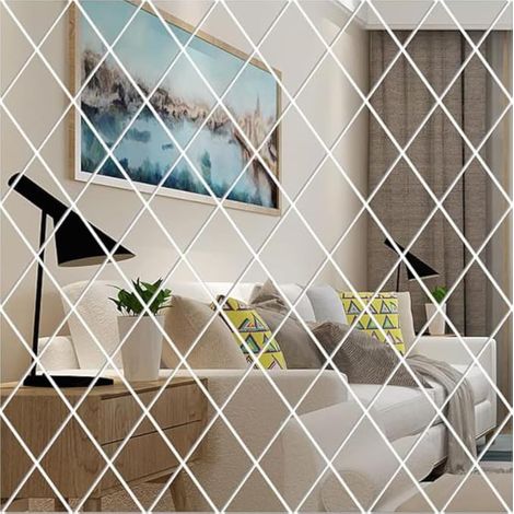 Lot de 32 autocollants miroir en forme de diamant pour salle de bain, salon et chambre, 100 x 50 cm (argent) (1/5)