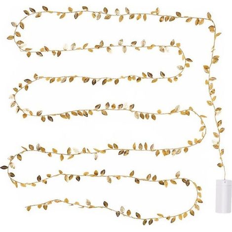 2 guirlandes lumineuses à feuilles dorées, 2 m, 20 LED pile AA, décoration intérieure/extérieure fête et mariage