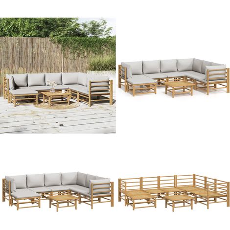 8-tlg. Garten-Lounge-Set mit Kissen Hellgrau Bambus - Bambus Möbel - Gartenloungeset - Outdoor Möbel - Gartenmöbel - Esstisch - Home & Living (1/5)