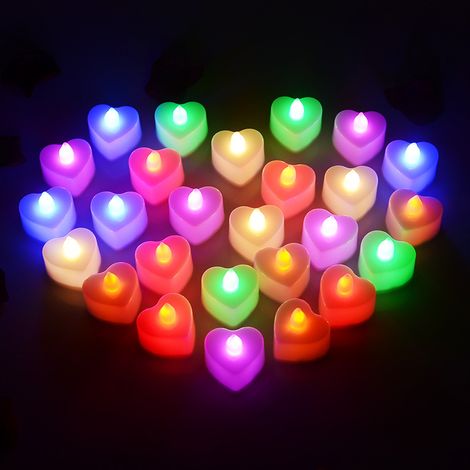 (6 bougies LED multicolores en forme de cœur) sans flamme, bougeoir électronique à piles, convient à une utilisation en intérieur.