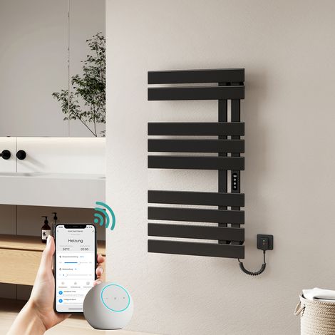 EMKE Sèche-Serviettes Électrique 320W, 100 x 50 cm, Noir mat, Radiateur Salle de Bain à Fibre de Carbone, WiFi Tuya/Smart Life, 6 Modes, Programmation Hebdomadaire, IP45, Raccordement à Droite (1/5)