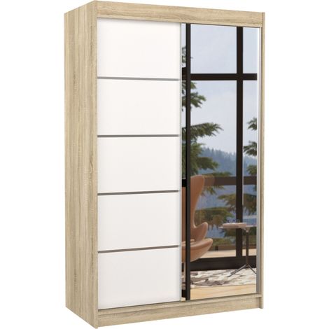 Petite armoire de chambre 2 portes coulissantes bois naturel et blanc avec miroir Noka 120cm (1/5)