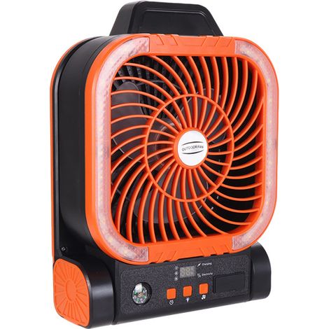 Ventilateur solaire rechargeable orange rouge avec lumière LED et minuterie, ventilateur portable extérieur camping jardin (1/4)