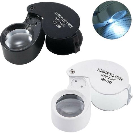 Loupe grossissante 40x pour bijoutiers, avec éclairage LED et boucle de poche, blanche. (1/5)
