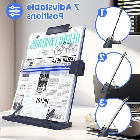 Portadocumenti e libri da scrivania in metallo nero con 7 posizioni regolabili e presa sicura. (1/5)