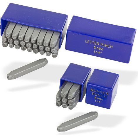Dema – Ensemble de chiffres et lettres à frapper 6 mm – 36 pièces en acier trempé – Pour marquage de métaux – Boîte de rangement incluse (1/2)