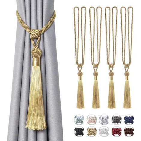 Lot de 4 embrasses longues à glands dorés, corde tressée main, style européen. (1/5)