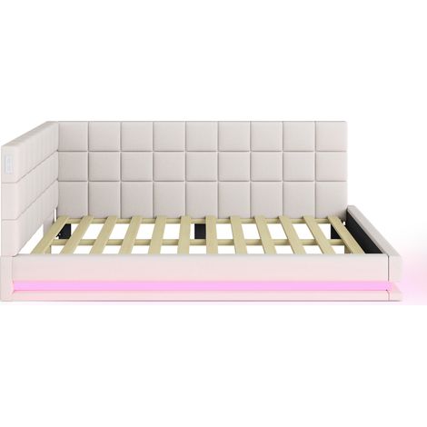 Lit rembourré 160x200 cm canapé-lit avec LED, port USB et sommier à lattes, lin beige (1/5)