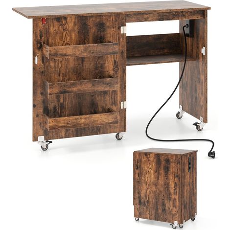 Table de couture pliante avec station de charge, chariot de bricolage avec étagère et tiroirs, meuble de rangement - noyer (1/2)