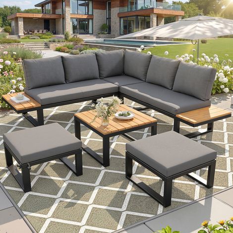Salon de jardin 6 pièces, ensemble table et chaise de jardin modulable, dossier réglable, table basse et poufs, métal gris (1/5)