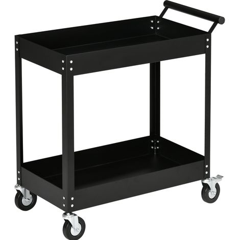Chariot d'atelier à 2 étages en acier avec 4 roulettes et poignée latérale, capacité 150 kg, 84,5 x 38 x 84 cm, noir (1/5)