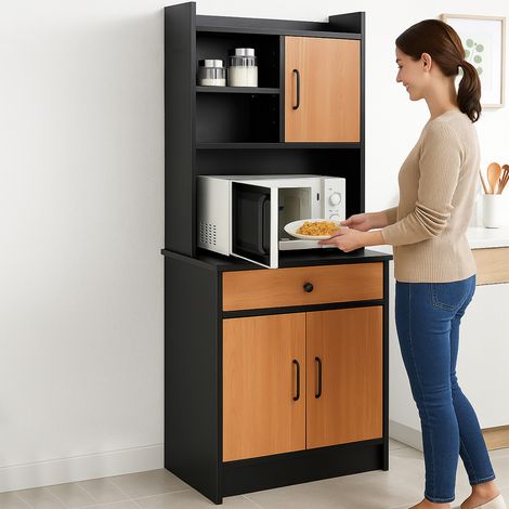 Armadio da Cucina Alto Credenza Multiuso Mobile Salvaspazio Nero e Quercia (1/5)