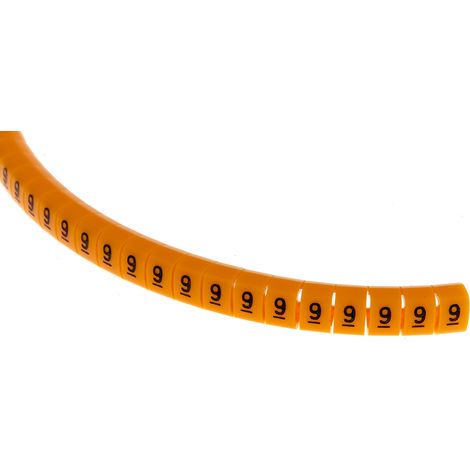 Repère câble à pression , Ø câble 4  5mm, texte : 9, Noir sur Orange ( Prix pour Bobine de 100 )