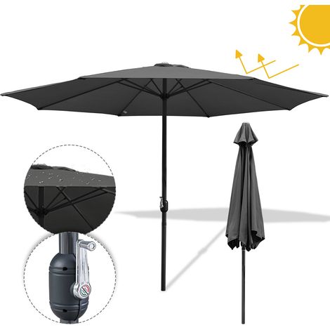Parasol droit d’Extérieur 3.5m - mât central en aluminium orientable et manivelle d'ouverture, Gris (1/4)