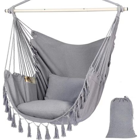 Chaise-hamac d'extérieur portable à pompons, chaise suspendue pour dortoir, balancelle de terrasse, adaptée à divers environnements extérieurs, capacité de charge de 120 kg (Gris)