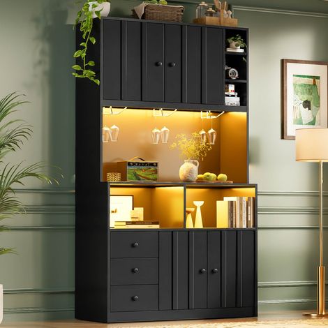 MEUBLIV Buffet haut 100x40x180 cm noir – LED, prises intégrées, rangement (1/5)