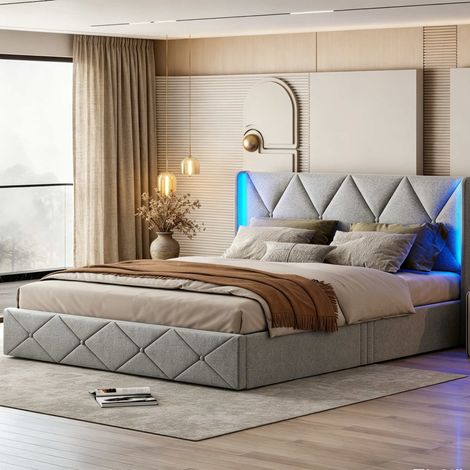 Letto contenitore 160x200 cm con materasso integrato, velluto grigio, LED regolabile, rete a doghe