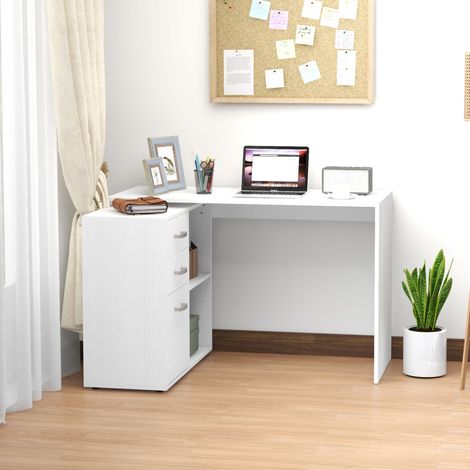 Bureau d'angle pour PC avec 2 tiroirs et étagères ouvertes, bureau en angle en bois et métal, 117x83.5x76 cm, blanc (1/5)