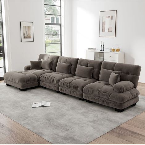 Canapé de esquina modular 4 plazas chenilla marrón con otomana móvil (1/5)