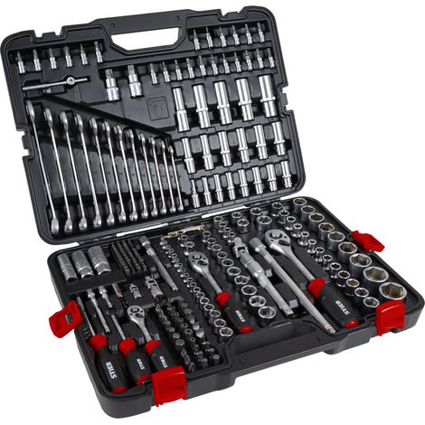 STIER Steckschlüssel Satz 216-teilig, 1/4 Zoll 3/8 Zoll 1/2 Zoll, Umschaltknarre, Sechskant-Steckschlüsseleinsatz, Torx- Schlitz- Phillips- Pozidrive- Bit-Steckschlüsseleinsätze